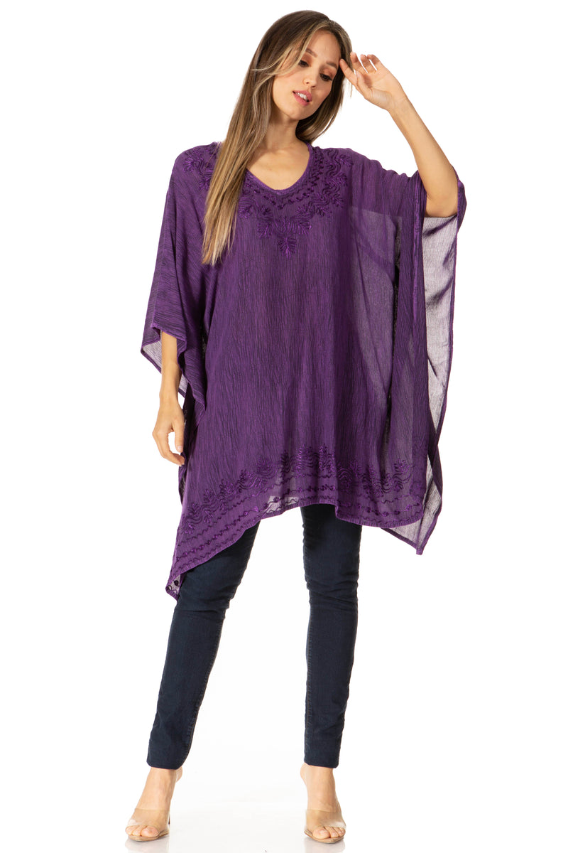 Sakkas Wren Lightweight Circle Poncho Top Blouse With Detailed Embroidery