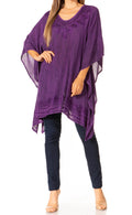Sakkas Wren Lightweight Circle Poncho Top Blouse With Detailed Embroidery#color_A-Purple