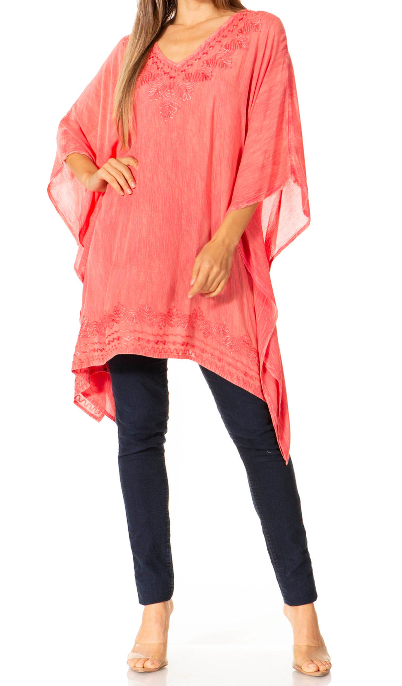 Sakkas Wren Lightweight Circle Poncho Top Blouse With Detailed Embroidery