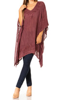 Sakkas Wren Lightweight Circle Poncho Top Blouse With Detailed Embroidery#color_A-Sangria