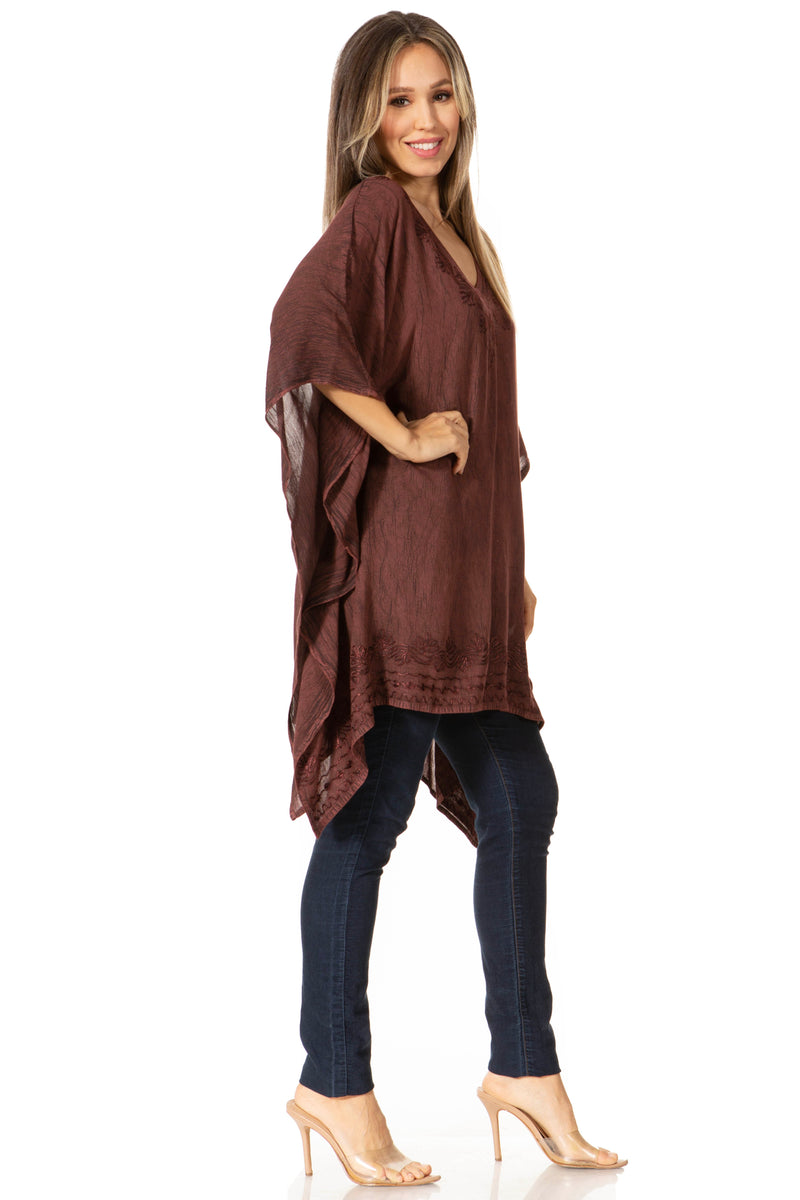 Sakkas Wren Lightweight Circle Poncho Top Blouse With Detailed Embroidery