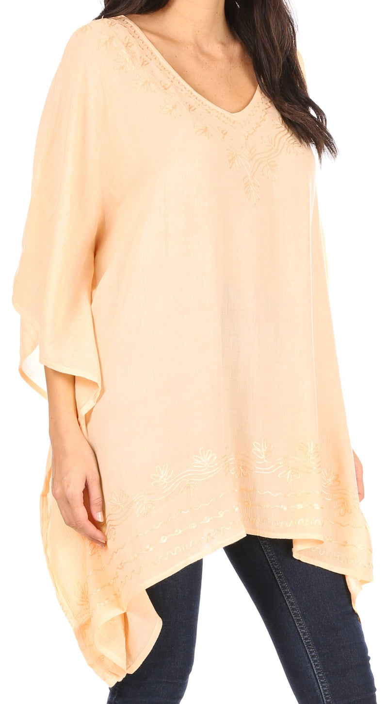 Sakkas Wren Lightweight Circle Poncho Top Blouse With Detailed Embroidery