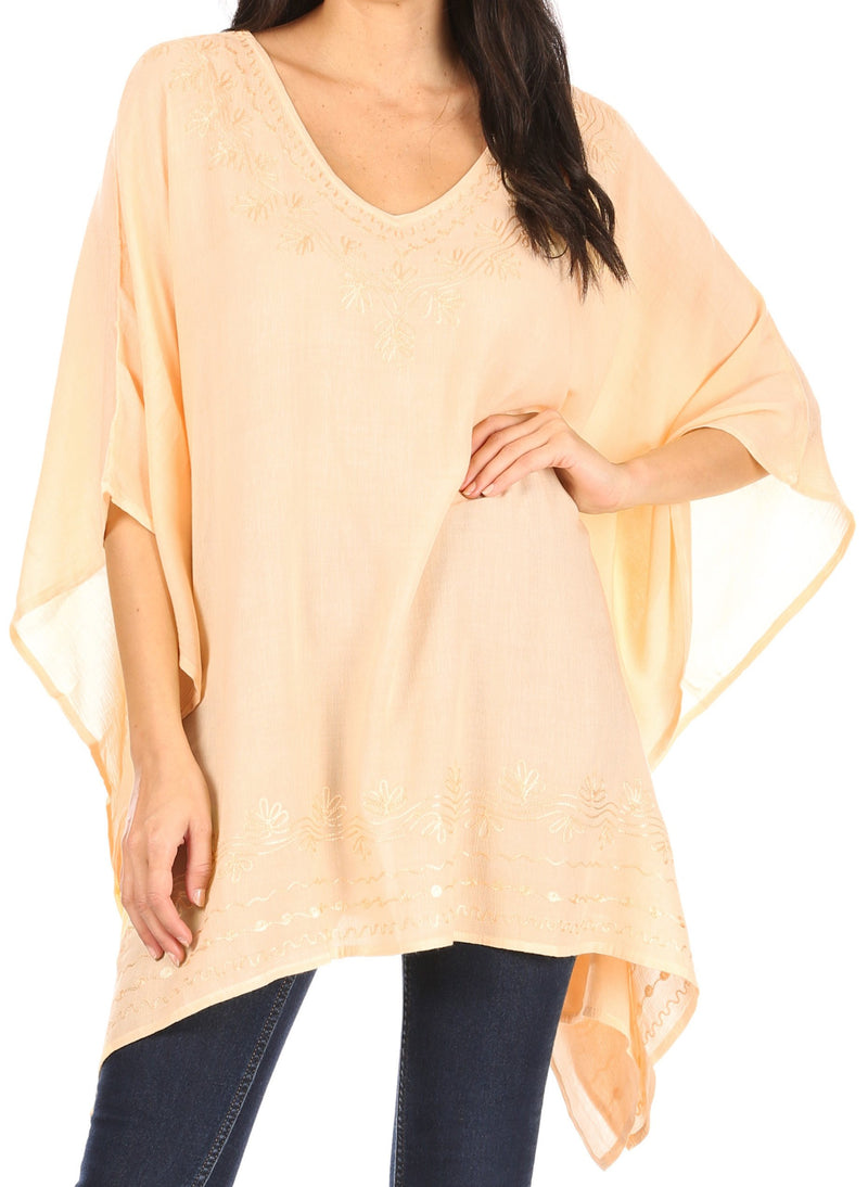 Sakkas Wren Lightweight Circle Poncho Top Blouse With Detailed Embroidery