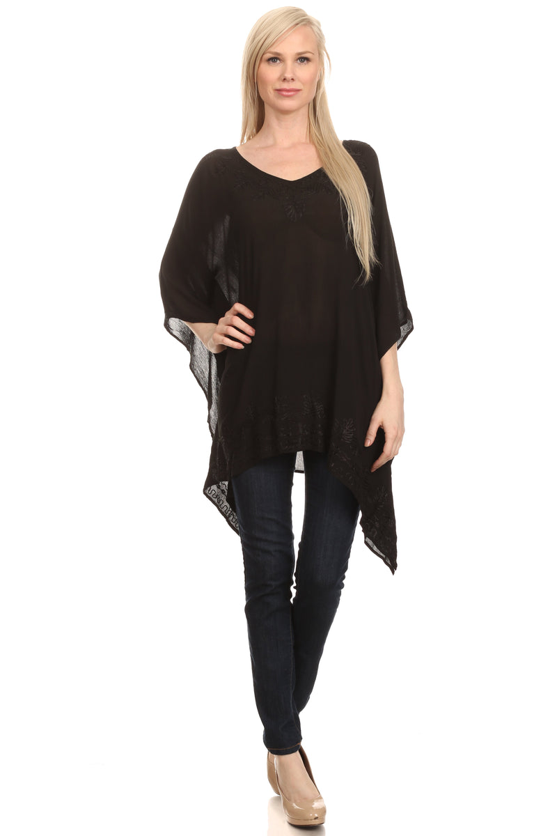 Sakkas Wren Lightweight Circle Poncho Top Blouse With Detailed Embroidery