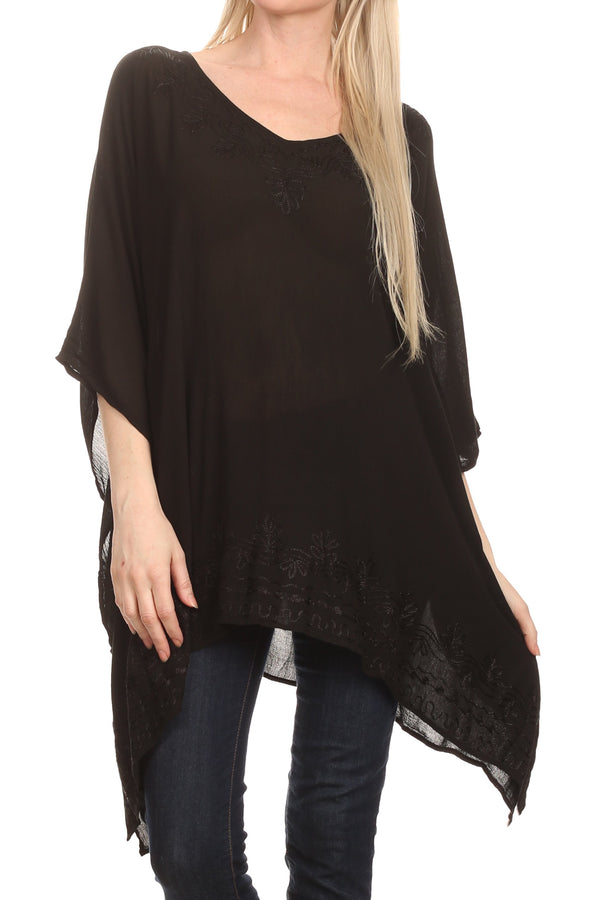 Sakkas Wren Lightweight Circle Poncho Top Blouse With Detailed Embroidery#color_Black