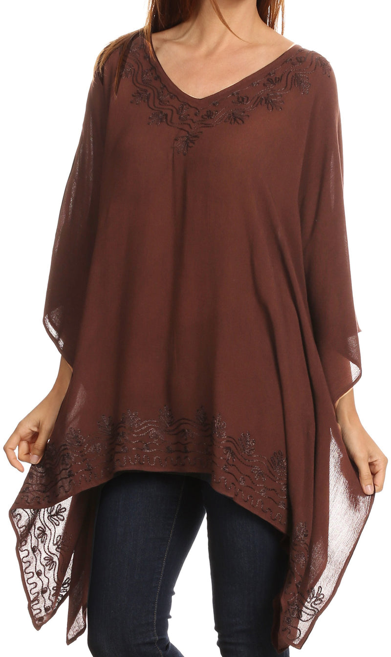 Sakkas Wren Lightweight Circle Poncho Top Blouse With Detailed Embroidery