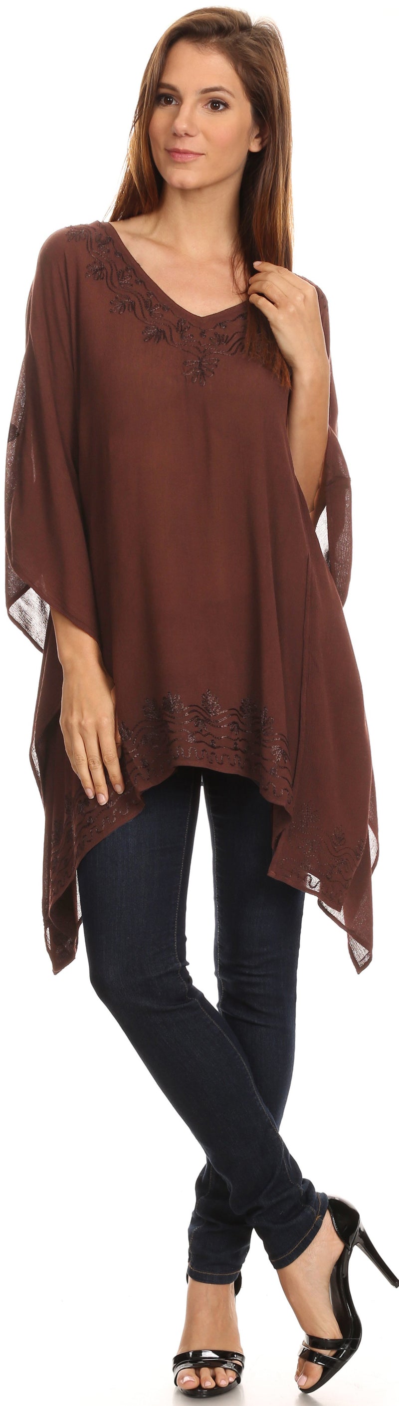 Sakkas Wren Lightweight Circle Poncho Top Blouse With Detailed Embroidery