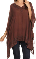 Sakkas Wren Lightweight Circle Poncho Top Blouse With Detailed Embroidery#color_Brown