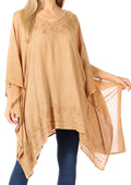 Sakkas Wren Lightweight Circle Poncho Top Blouse With Detailed Embroidery#color_Coffee