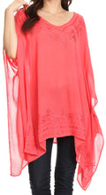 Sakkas Wren Lightweight Circle Poncho Top Blouse With Detailed Embroidery#color_Coral