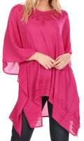 Sakkas Wren Lightweight Circle Poncho Top Blouse With Detailed Embroidery#color_Fuchsia