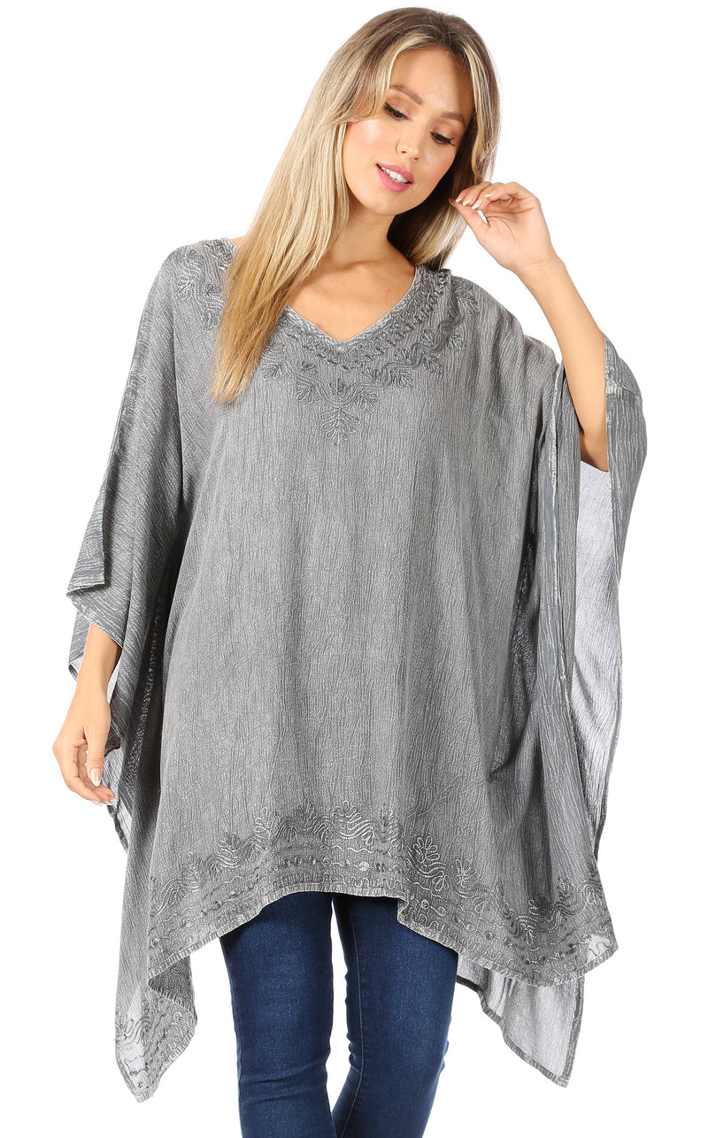 Sakkas Wren Lightweight Circle Poncho Top Blouse With Detailed Embroidery