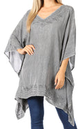 Sakkas Wren Lightweight Circle Poncho Top Blouse With Detailed Embroidery#color_Grey