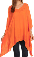 Sakkas Wren Lightweight Circle Poncho Top Blouse With Detailed Embroidery#color_Orange