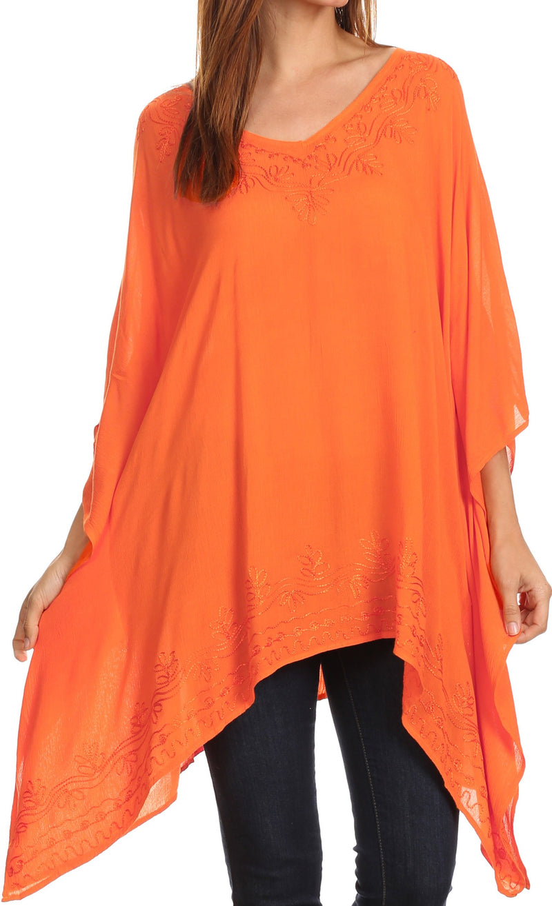 Sakkas Wren Lightweight Circle Poncho Top Blouse With Detailed Embroidery