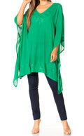 Sakkas Wren Lightweight Circle Poncho Top Blouse With Detailed Embroidery#color_P-EmeraldGreen