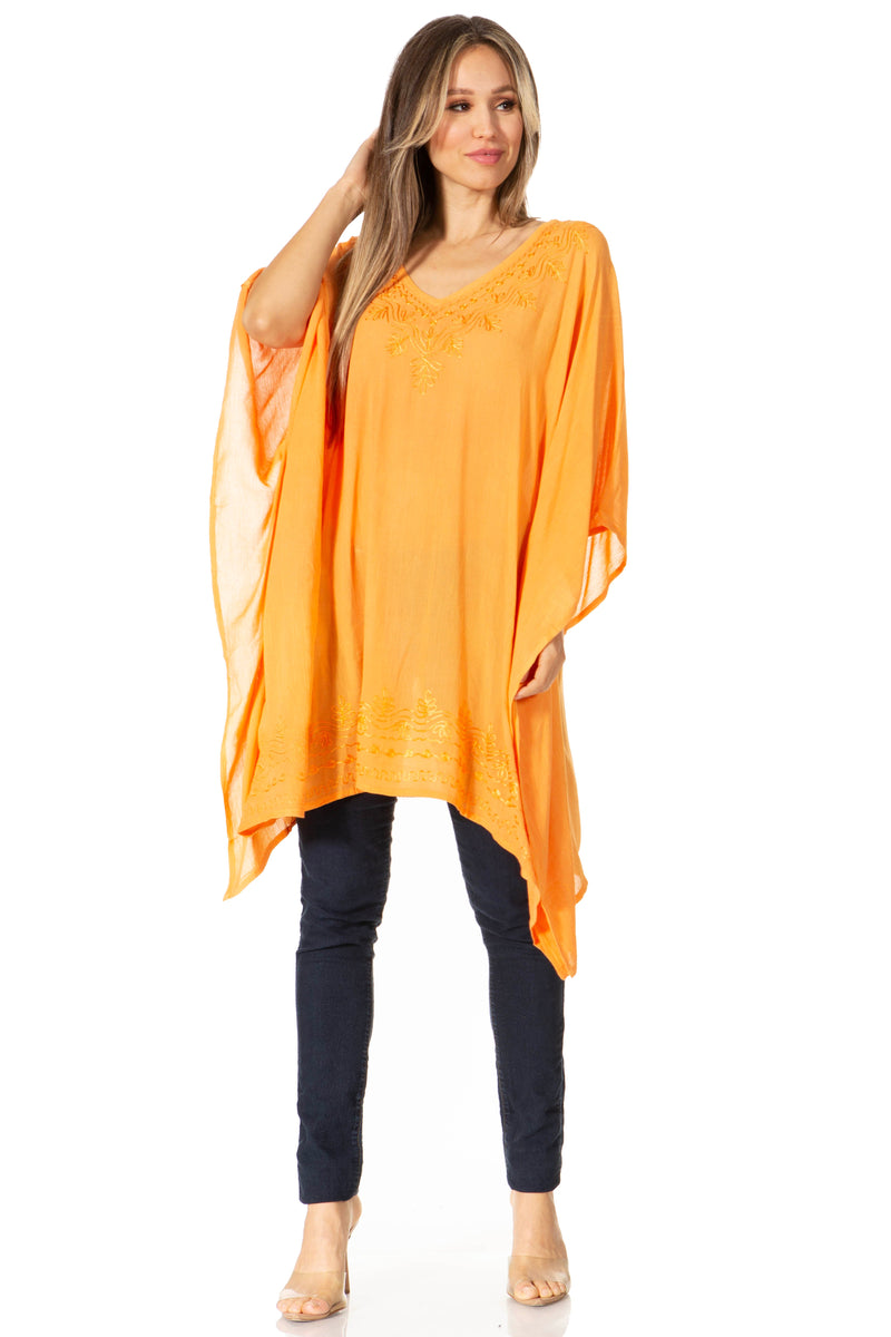 Sakkas Wren Lightweight Circle Poncho Top Blouse With Detailed Embroidery