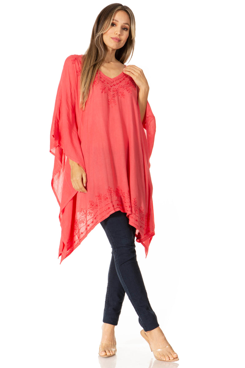 Sakkas Wren Lightweight Circle Poncho Top Blouse With Detailed Embroidery