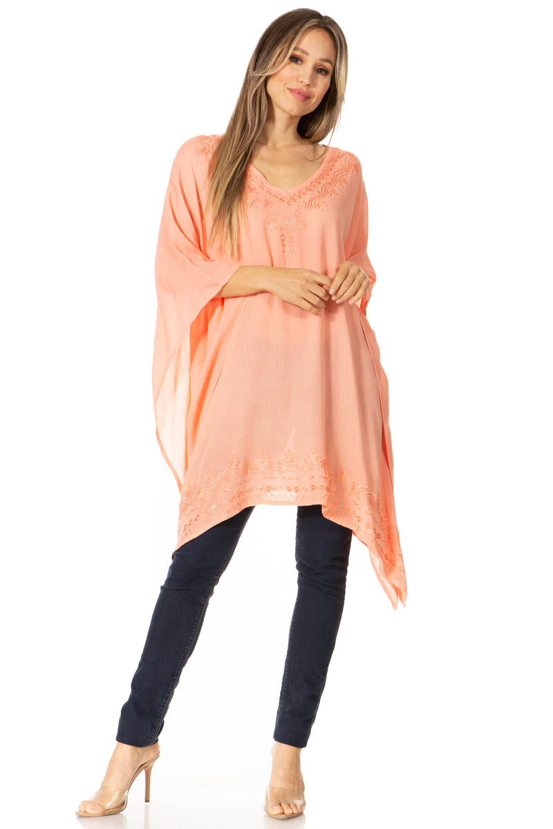 Sakkas Wren Lightweight Circle Poncho Top Blouse With Detailed Embroidery