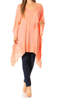Sakkas Wren Lightweight Circle Poncho Top Blouse With Detailed Embroidery#color_P-Salmon