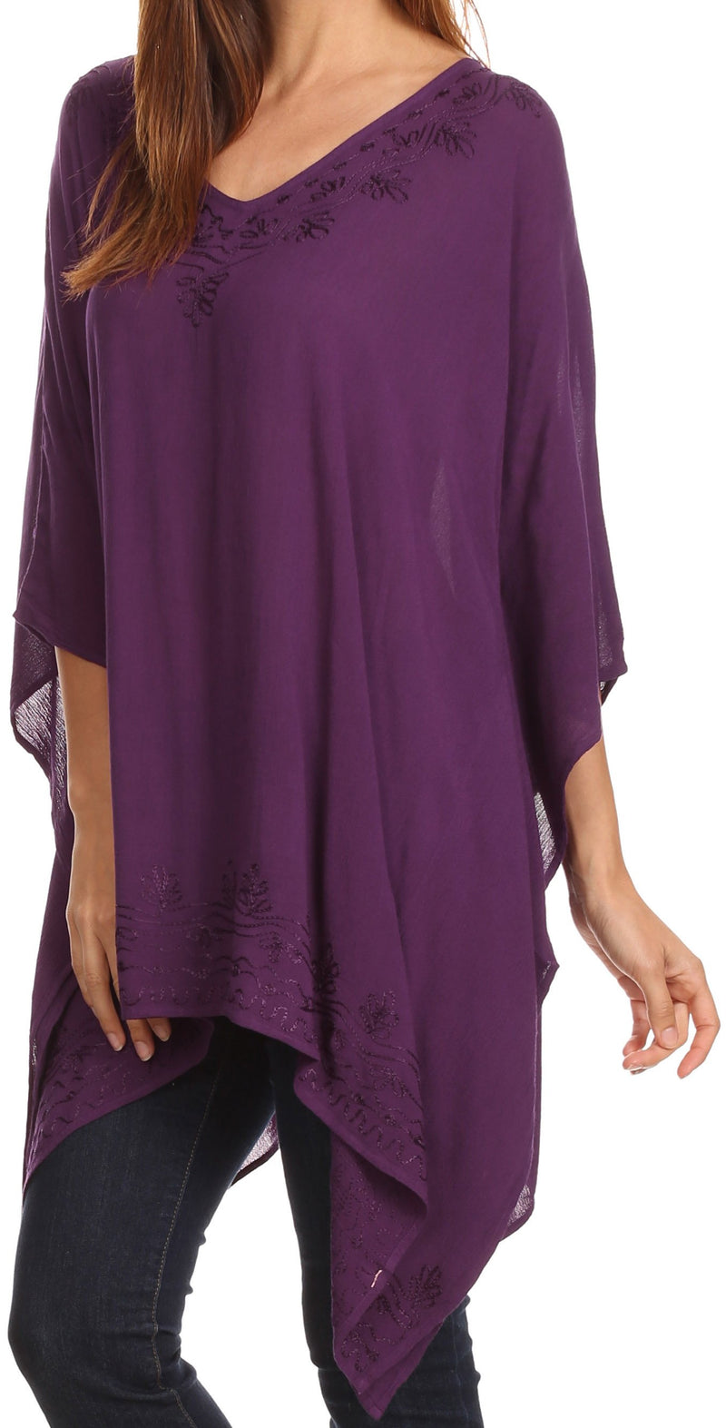 Sakkas Wren Lightweight Circle Poncho Top Blouse With Detailed Embroidery