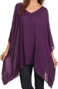 Sakkas Wren Lightweight Circle Poncho Top Blouse With Detailed Embroidery#color_Purple