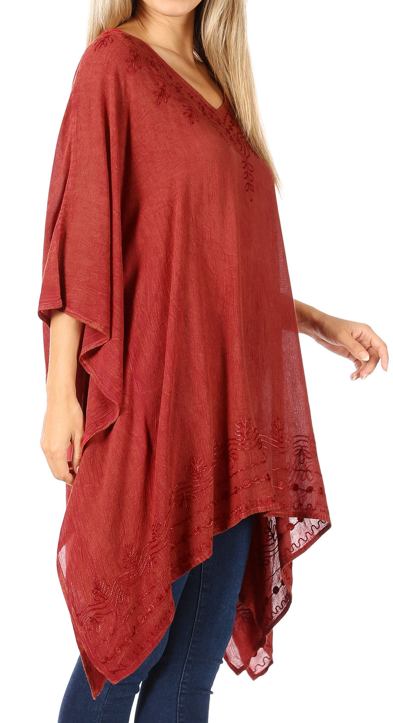 Sakkas Wren Lightweight Circle Poncho Top Blouse With Detailed Embroidery