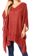 Sakkas Wren Lightweight Circle Poncho Top Blouse With Detailed Embroidery#color_Red