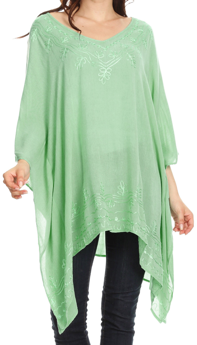 Sakkas Wren Lightweight Circle Poncho Top Blouse With Detailed Embroidery