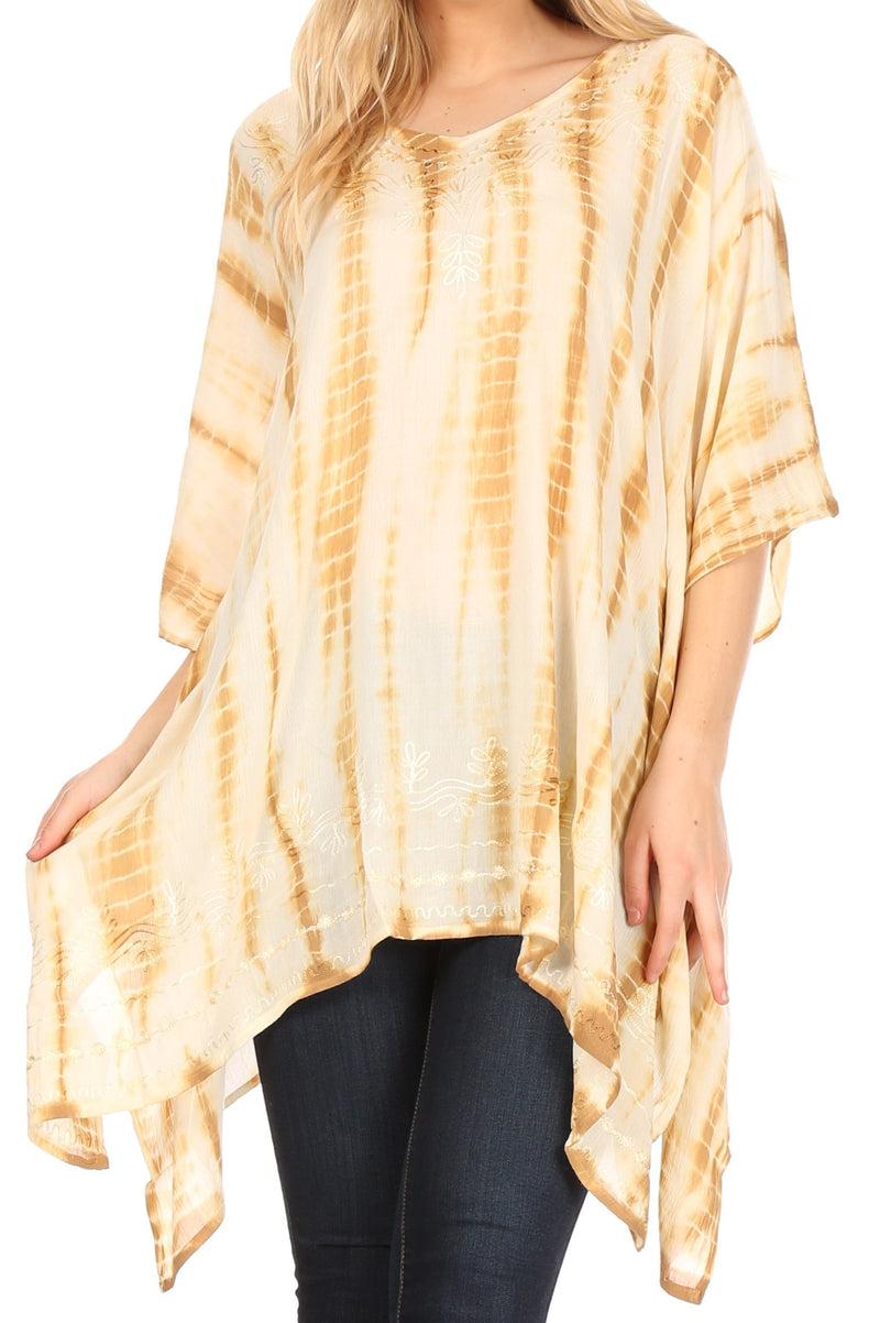 Sakkas Wren Lightweight Circle Poncho Top Blouse With Detailed Embroidery