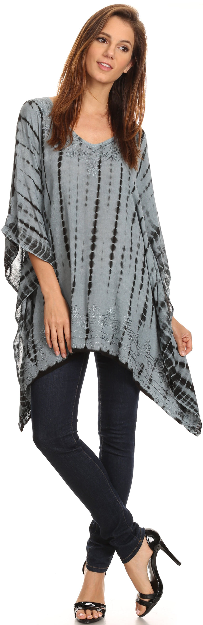 Sakkas Wren Lightweight Circle Poncho Top Blouse With Detailed Embroidery