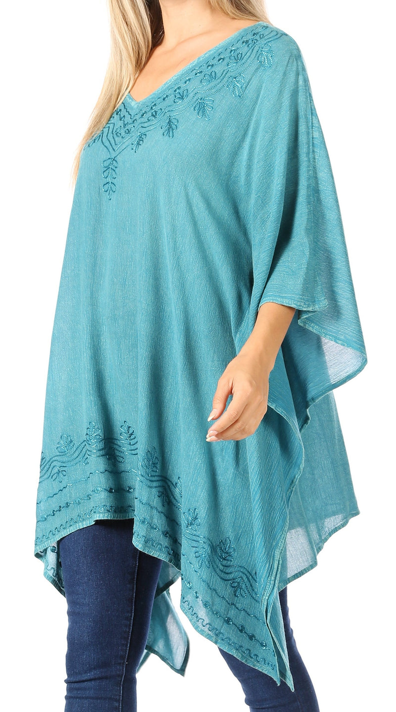 Sakkas Wren Lightweight Circle Poncho Top Blouse With Detailed Embroidery