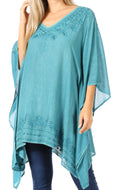 Sakkas Wren Lightweight Circle Poncho Top Blouse With Detailed Embroidery#color_Teal