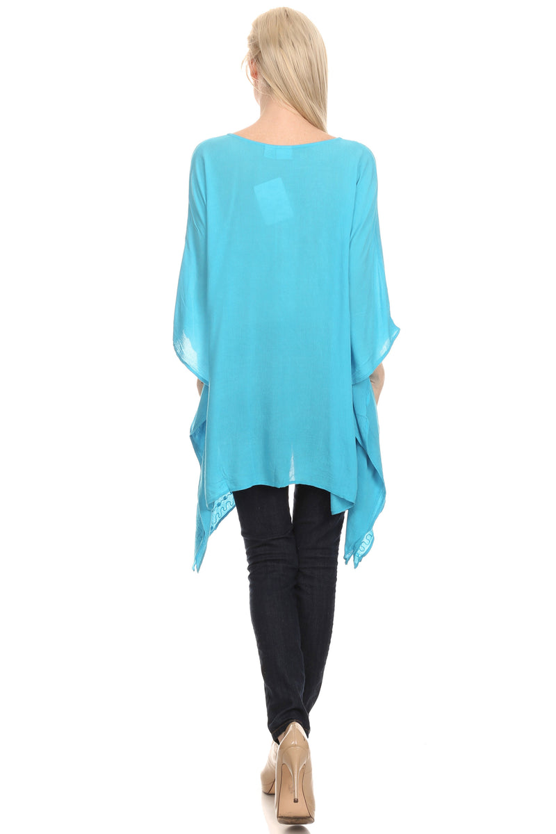 Sakkas Wren Lightweight Circle Poncho Top Blouse With Detailed Embroidery