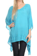 Sakkas Wren Lightweight Circle Poncho Top Blouse With Detailed Embroidery#color_Turquoise