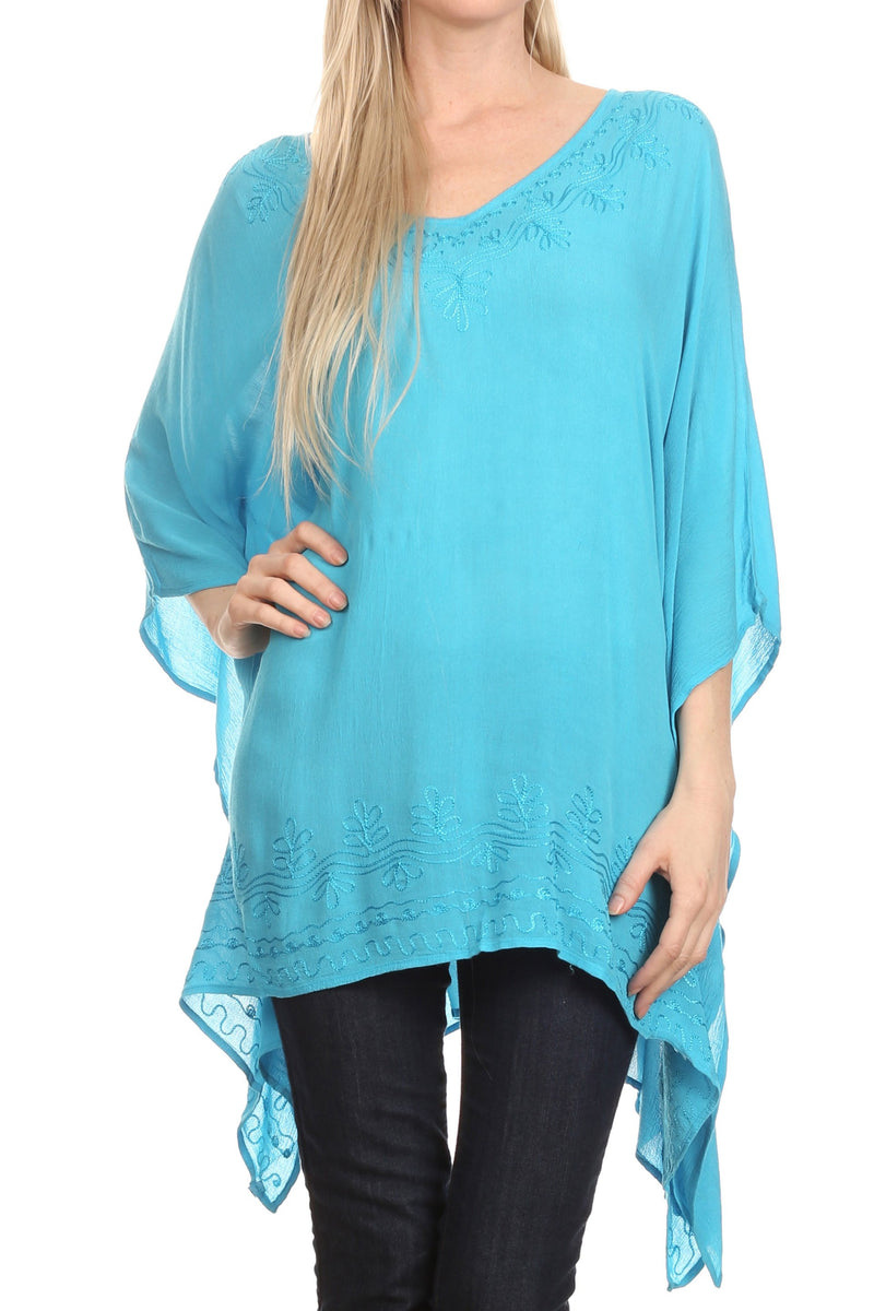 Sakkas Wren Lightweight Circle Poncho Top Blouse With Detailed Embroidery