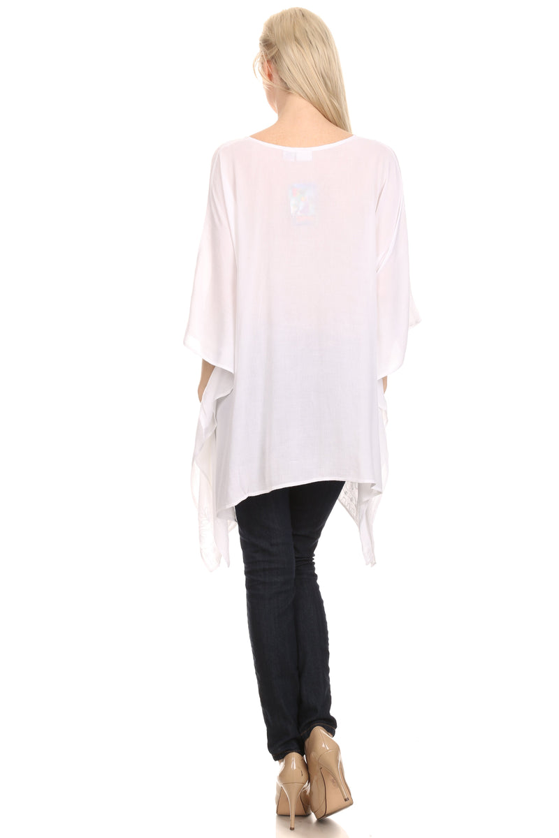 Sakkas Wren Lightweight Circle Poncho Top Blouse With Detailed Embroidery