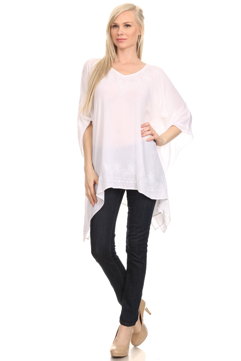 Sakkas Wren Lightweight Circle Poncho Top Blouse With Detailed Embroidery