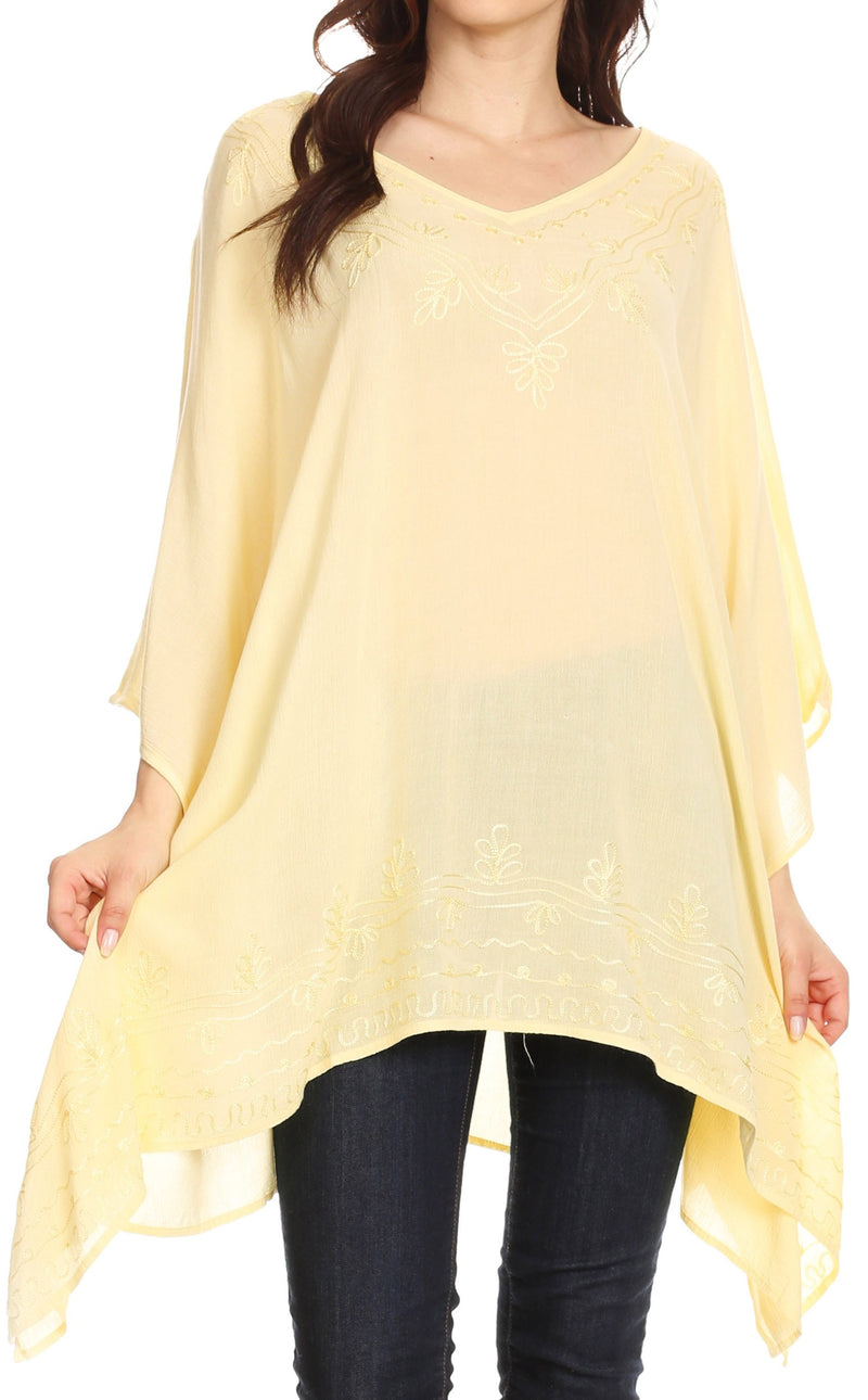 Sakkas Wren Lightweight Circle Poncho Top Blouse With Detailed Embroidery