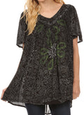 Sakkas Talulla Long V Neck Batik Floral Leaf Embroidered Printed Blouse Shirt Top#color_Black