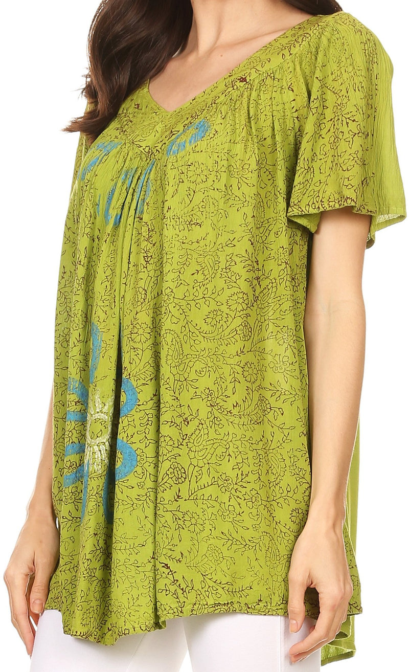Sakkas Talulla Long V Neck Batik Floral Leaf Embroidered Printed Blouse Shirt Top