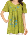 Sakkas Talulla Long V Neck Batik Floral Leaf Embroidered Printed Blouse Shirt Top#color_Green