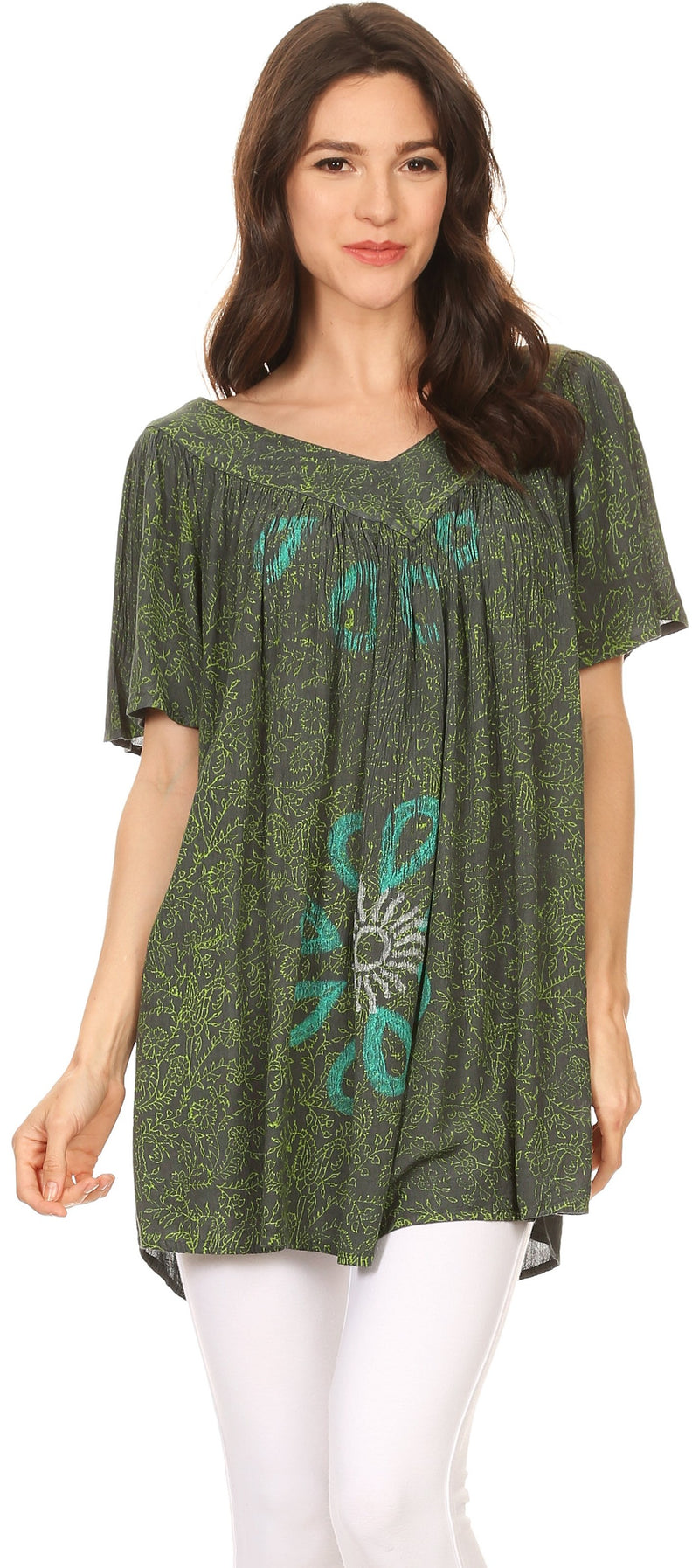 Sakkas Talulla Long V Neck Batik Floral Leaf Embroidered Printed Blouse Shirt Top