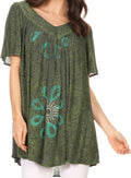 Sakkas Talulla Long V Neck Batik Floral Leaf Embroidered Printed Blouse Shirt Top#color_Grey