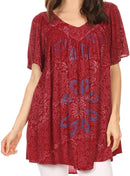Sakkas Talulla Long V Neck Batik Floral Leaf Embroidered Printed Blouse Shirt Top