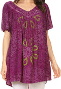 Sakkas Talulla Long V Neck Batik Floral Leaf Embroidered Printed Blouse Shirt Top#color_Purple
