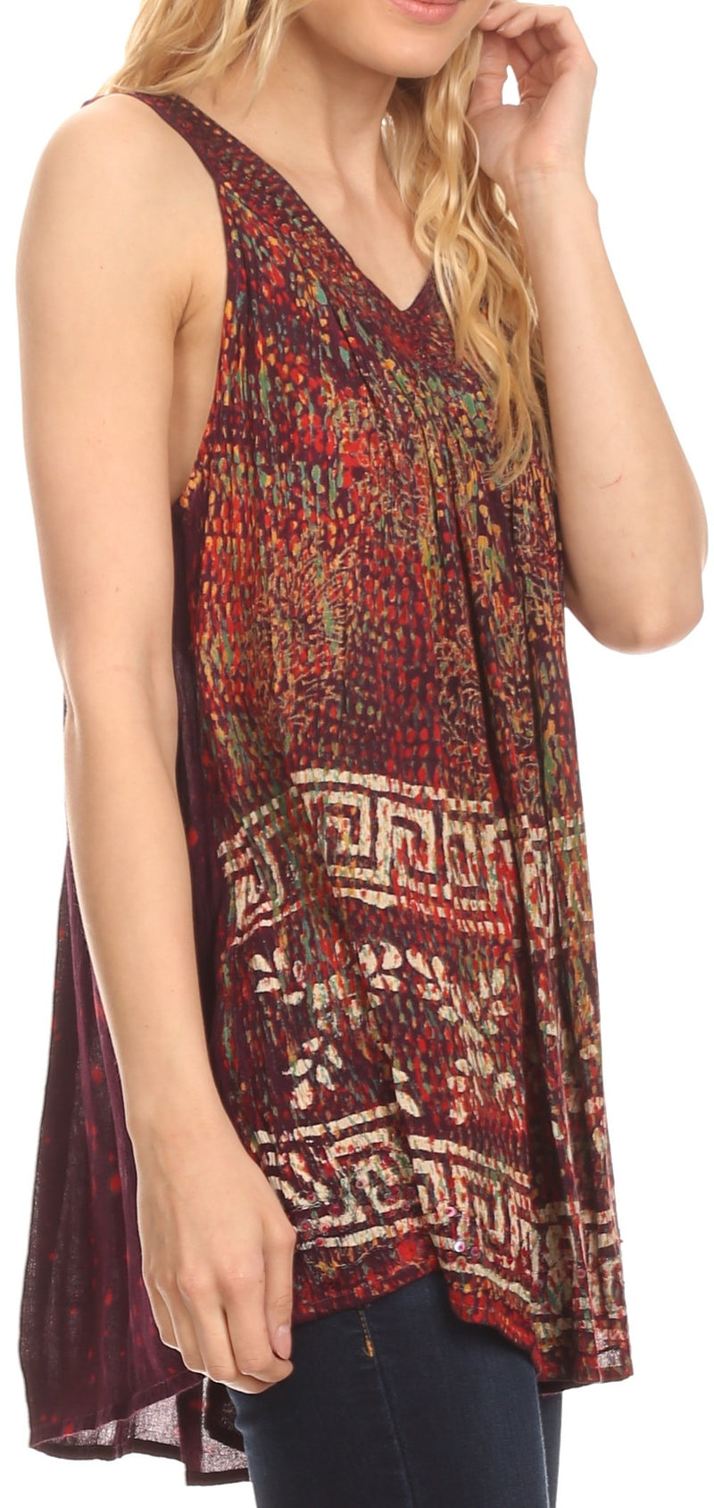 Sakkas Badalea Long Embroidered Sequin Beaded Batik Shirt Printed Tank Top Blouse