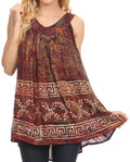 Sakkas Badalea Long Embroidered Sequin Beaded Batik Shirt Printed Tank Top Blouse#color_Burgundy