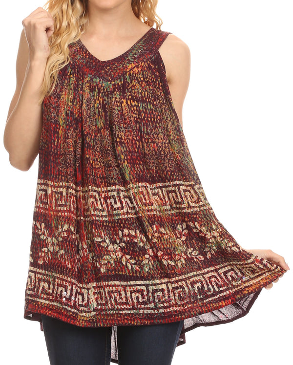 Sakkas Badalea Long Embroidered Sequin Beaded Batik Shirt Printed Tank Top Blouse#color_Burgundy 