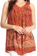 Sakkas Badalea Long Embroidered Sequin Beaded Batik Shirt Printed Tank Top Blouse#color_DarkCamel